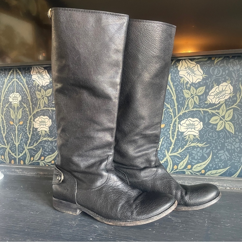 FRYE Melissa Button Back Black Leather Riding Boots - Picture 6 of 11